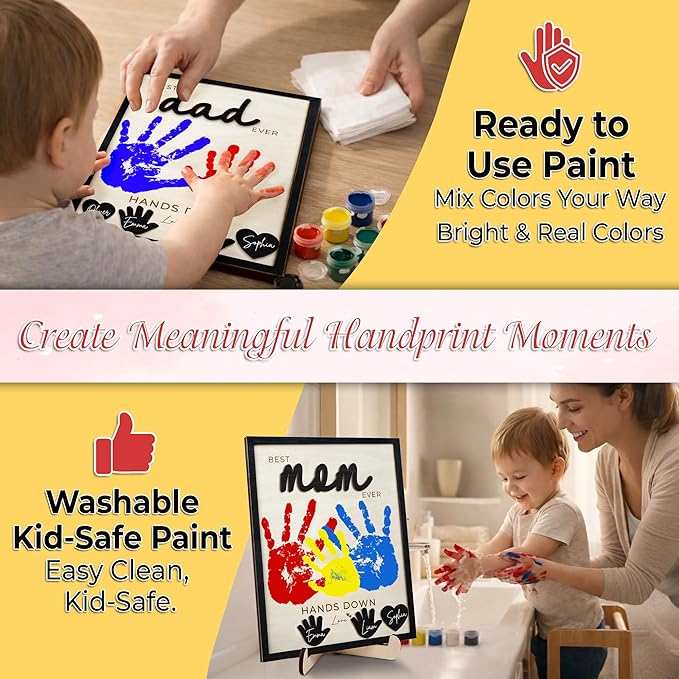 10" Hands Down Best Mom Ever Sign DIY Kids Gifts For Mom Handprint Kit with Acrylic Paints, Toddler Craft Birthday Gift Mother's Day Keepsake for Mum, Family Plaque with Daughter, Son Names HF90-M