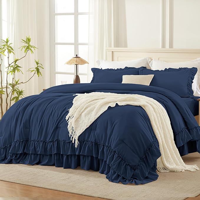 Andency Navy Blue Full Size Comforter Set (79x90Inch), 3 Pieces Farmhouse Shabby Chic Ruffle Bedding Comforter Sets, All Season Soft Lightweight Microfiber Bed Set