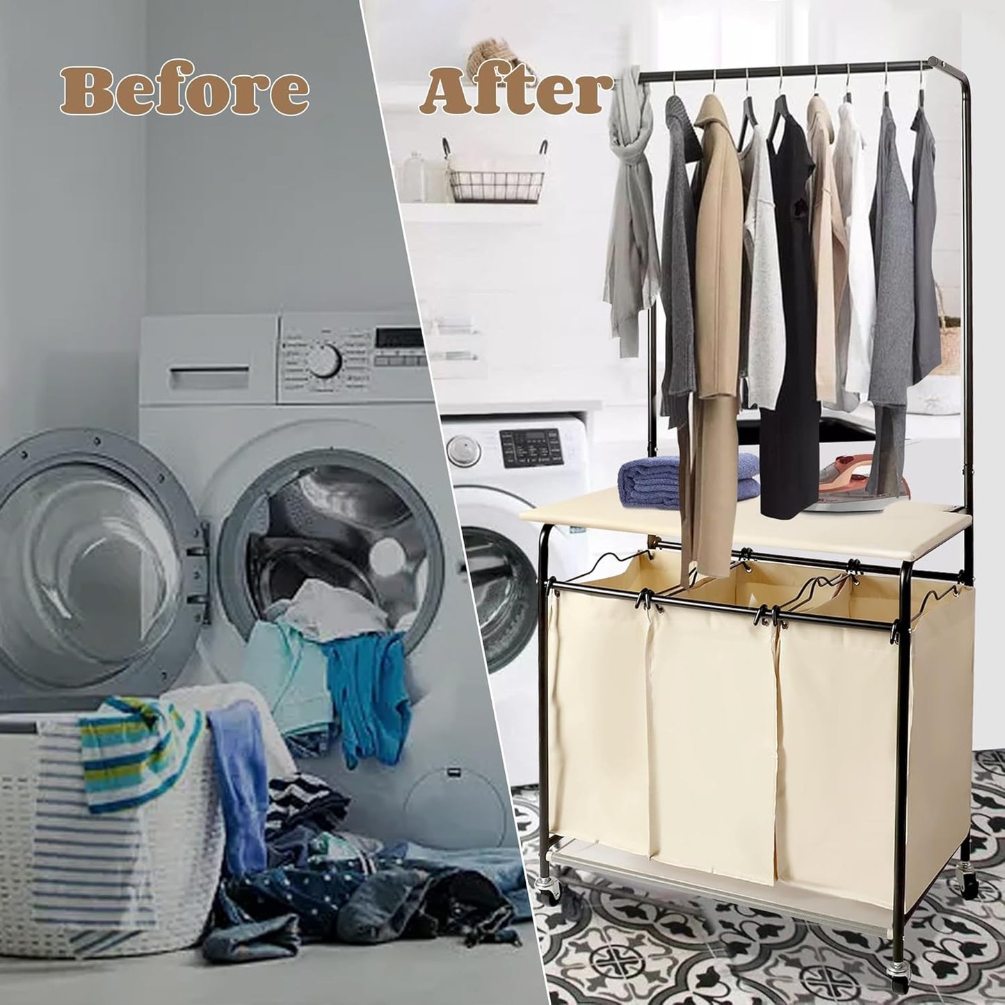 MYOYAY 3 Section Laundry Sorter with Garment Hanging Bar Rack Foldable Ironing Board, Laundry Basket Organizer Heavy Duty Laundry Hamper Rolling Cart with Lockable Wheels and 3 Removable Bags - NestledHome