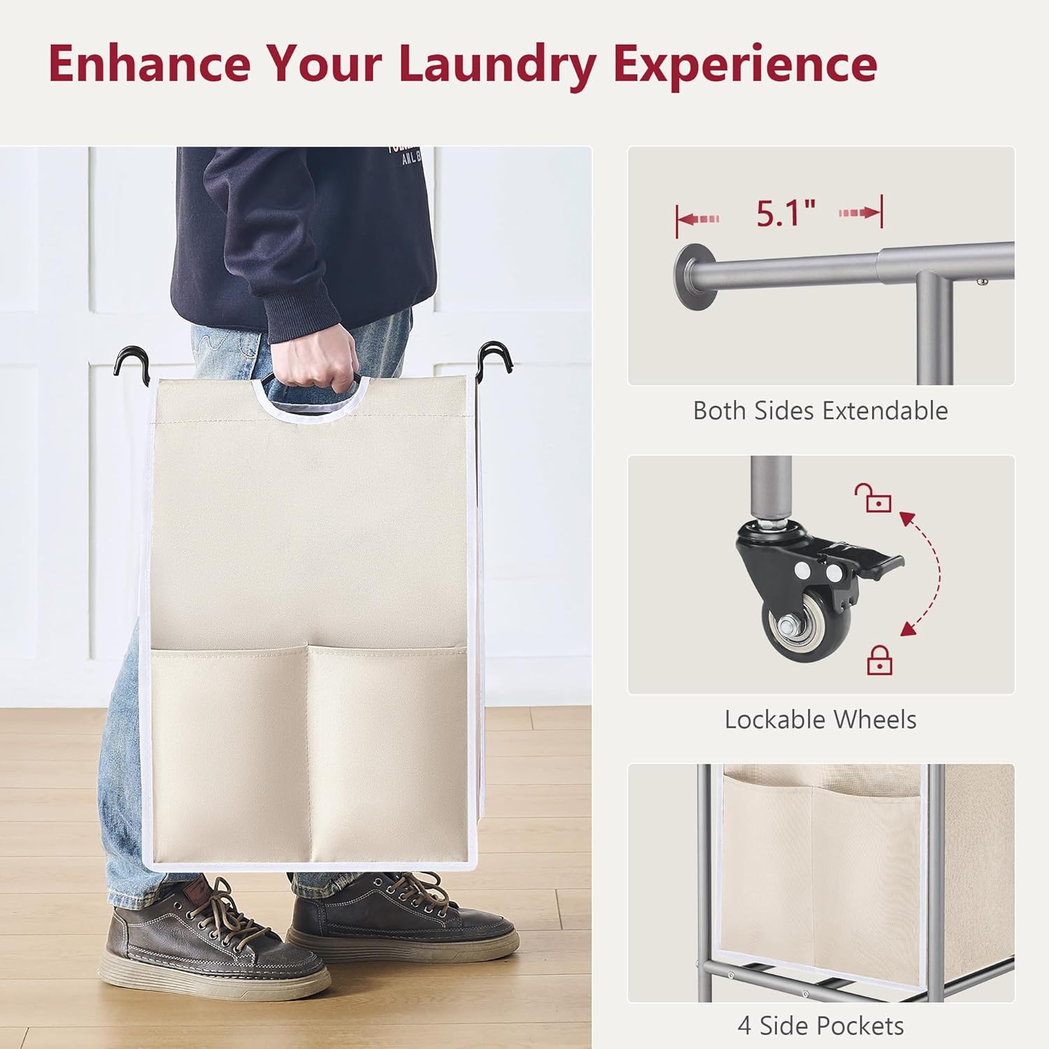 Tajsoon Laundry Hamper with Hanging Rack, 3 Section Laundry Sorter with Heavy Duty Lockable Wheels, Laundry Basket Organizer for Dirty Clothes Storage, 3 Beige - NestledHome
