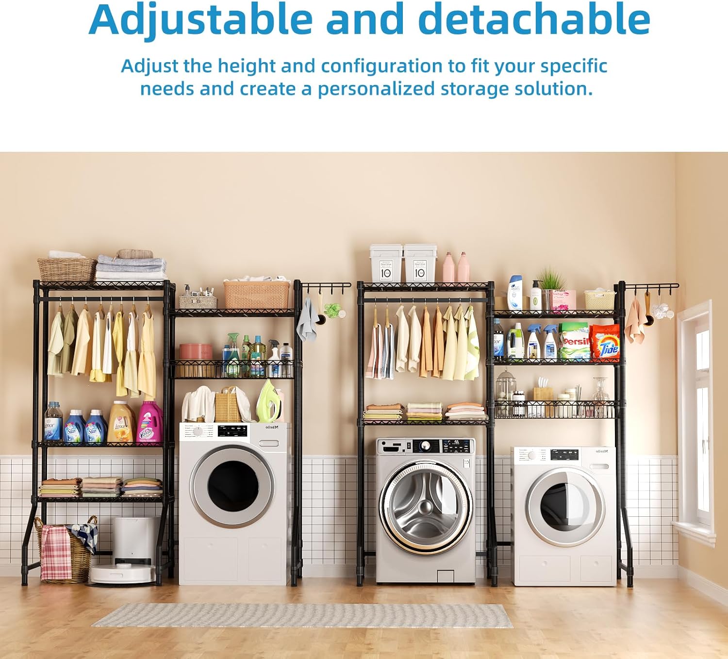 Over Washer and Dryer Shelves,Heavy Duty Laundry Room Storage Organization Clothes Drying Rack,5 Tier Adjustable Height Wire Shelving and Wire Basket with Hanger Rod&Hook,Space Saving Shelf - NestledHome