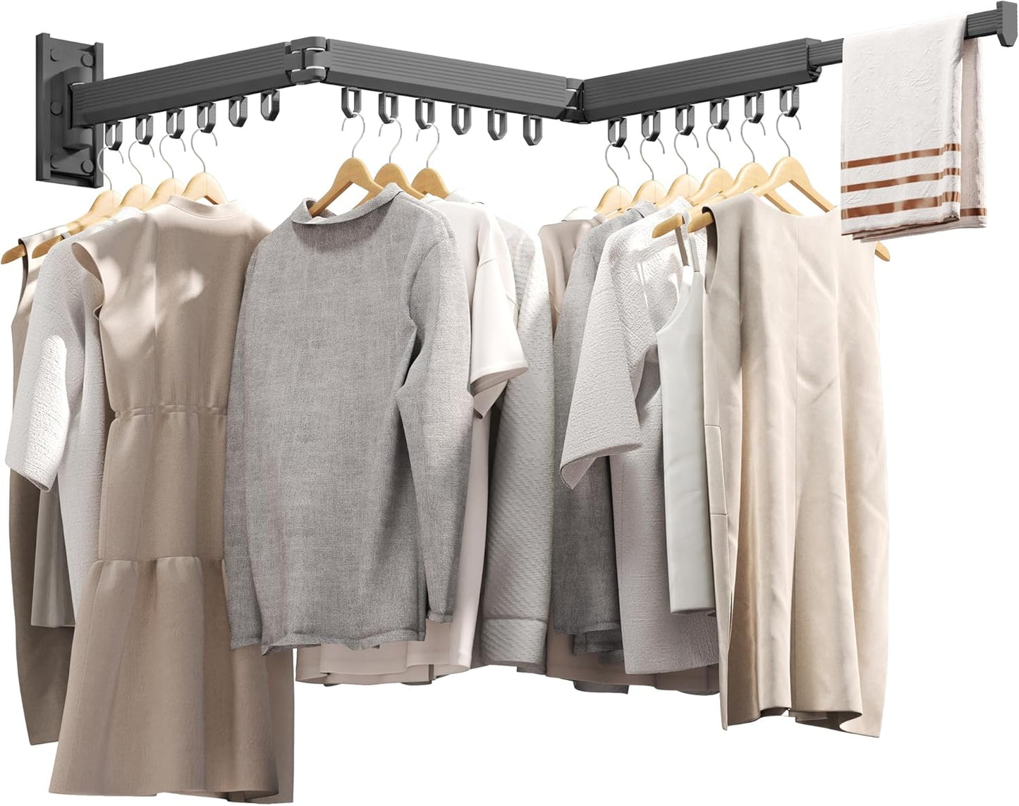 Grey Color Laundry Rack - Wall Mounted, Collapsible Clothes Drying Rack With Loop-type Hooks - NestledHome