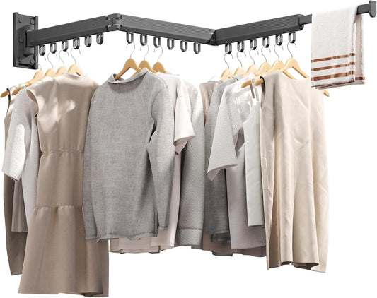 Grey Color Laundry Rack - Wall Mounted, Collapsible Clothes Drying Rack With Loop-type Hooks - NestledHome