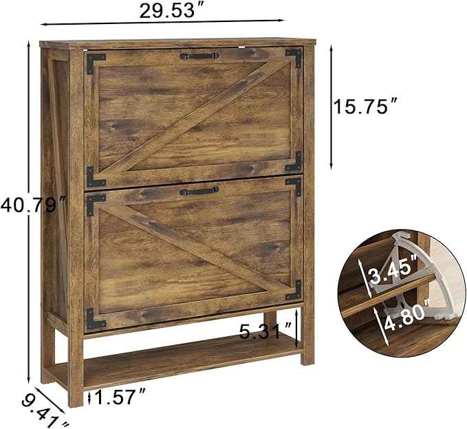 Vabches Shoe Storage Cabinet, Farmhouse Freestanding Organizer with 2 Flip Drawers, Wooden Hidden Narrow Slim Shoe Rack Cabinet for Entryway, Hallway, Foyer, Brown