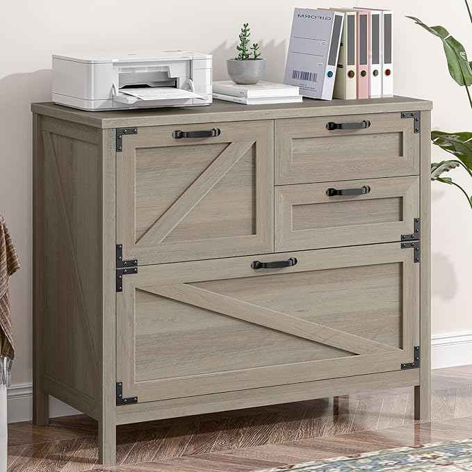 Wood Lateral File Cabinet with 4-Drawer for Hanging Files Letter/A4/Legal Size, Large Farmhouse Filing Cabinets for Home Office, Printer Stand with Office Cabinet, Office Furniture, Rustic Grey