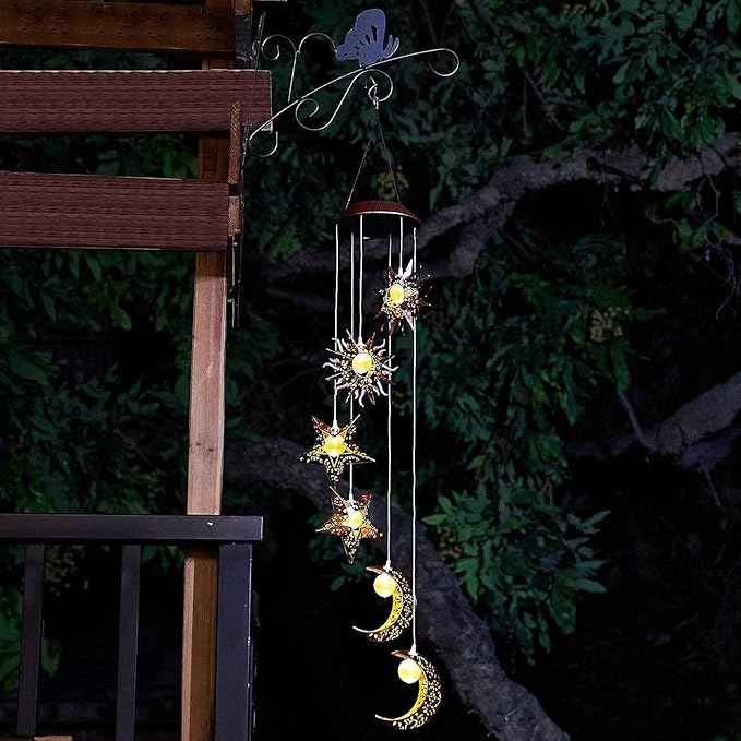 Tryme Solar Wind Chimes for Outside with Sun Moon Star Solar Hanging Lights Windchimes Outdoors Garden Decor Gifts for Mother, Grandma, Sister