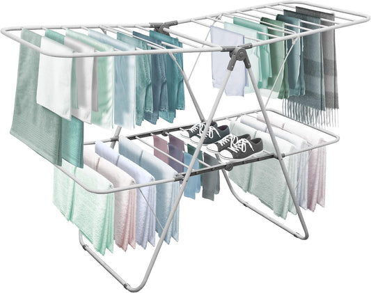Brookstone – Extra Large – Double Spaced - 2 Tier Collapsible Clothes Drying Rack, Indoor/Outdoor Folding Hanging Garment Stand [NO Assembly - Ready Out of The Box] - NestledHome