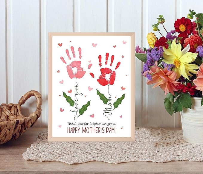 rorusio Flower Handprint Keepsake Card Making Kit- Thank You for Helping Me Grow, 10 Funny Personalized Mothers Day Cards Bulk for Mom from Daughter or Son, Mothers Day Gifts for Wife