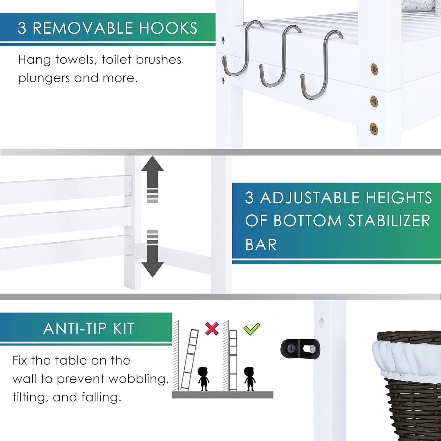 SMIBUY Bathroom Storage Shelf, Bamboo Over-The-Toilet Organizer Rack, Freestanding Toilet Space Saver with 3-Tier Adjustable Shelves (White) - NestledHome