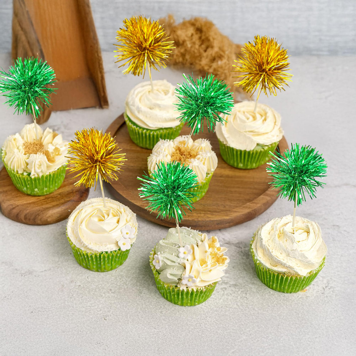 30Pcs Foil Firework Cupcake Toppers Sparkle Tinsel Cupcake Picks Birthday Cake Decorations Drink Stirrers Cocktail Food Fruit Toothpicks for Baby Shower Graduation Party Supplies Green Gold (30 Count)