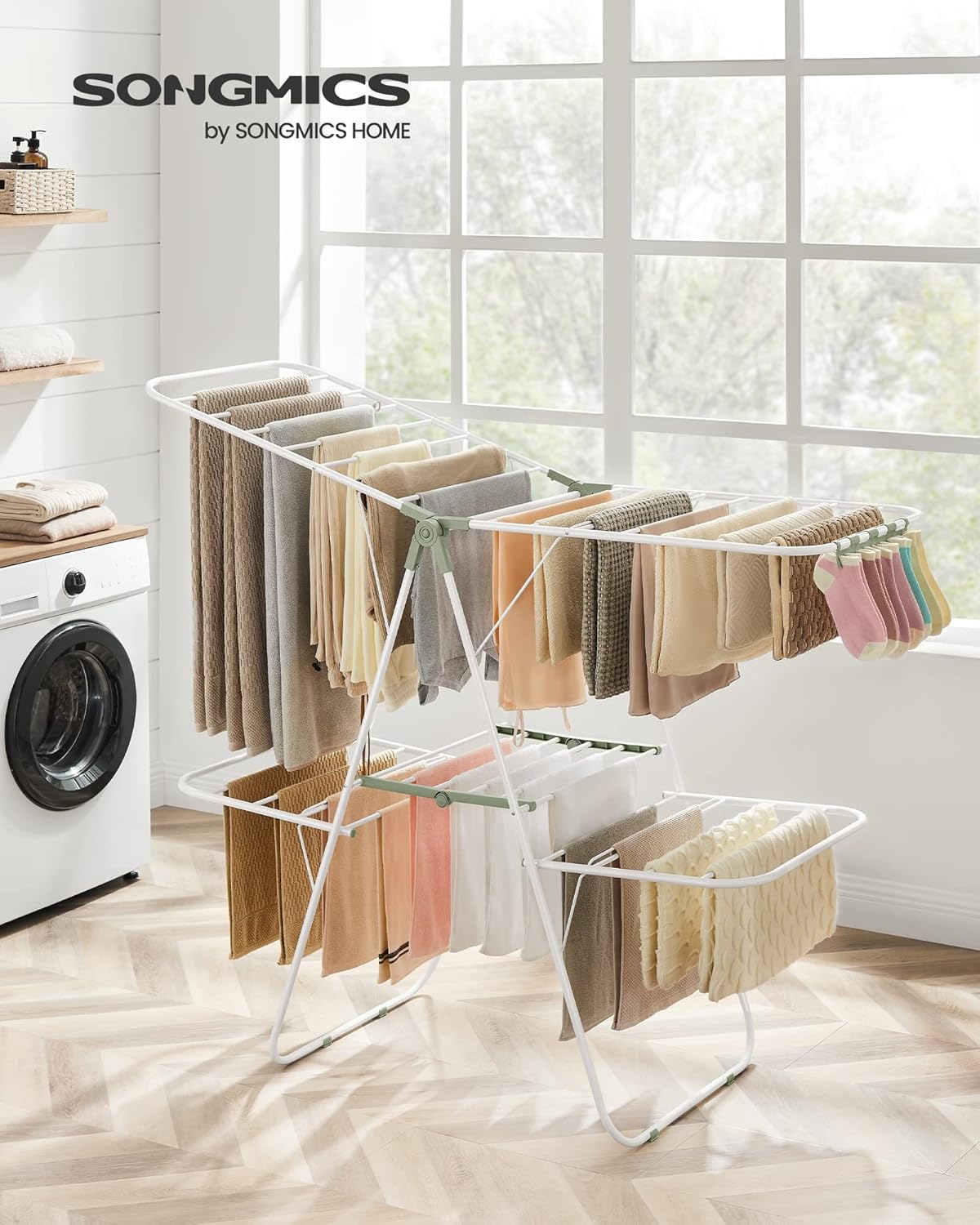 SONGMICS Clothes Drying Rack, Foldable 2-Level Laundry Drying Rack, Free-Standing Laundry Airer, with Height-Adjustable Wings, 33 Drying Rails, Sock Clips, White and Green ULLR053C01V1 - NestledHome