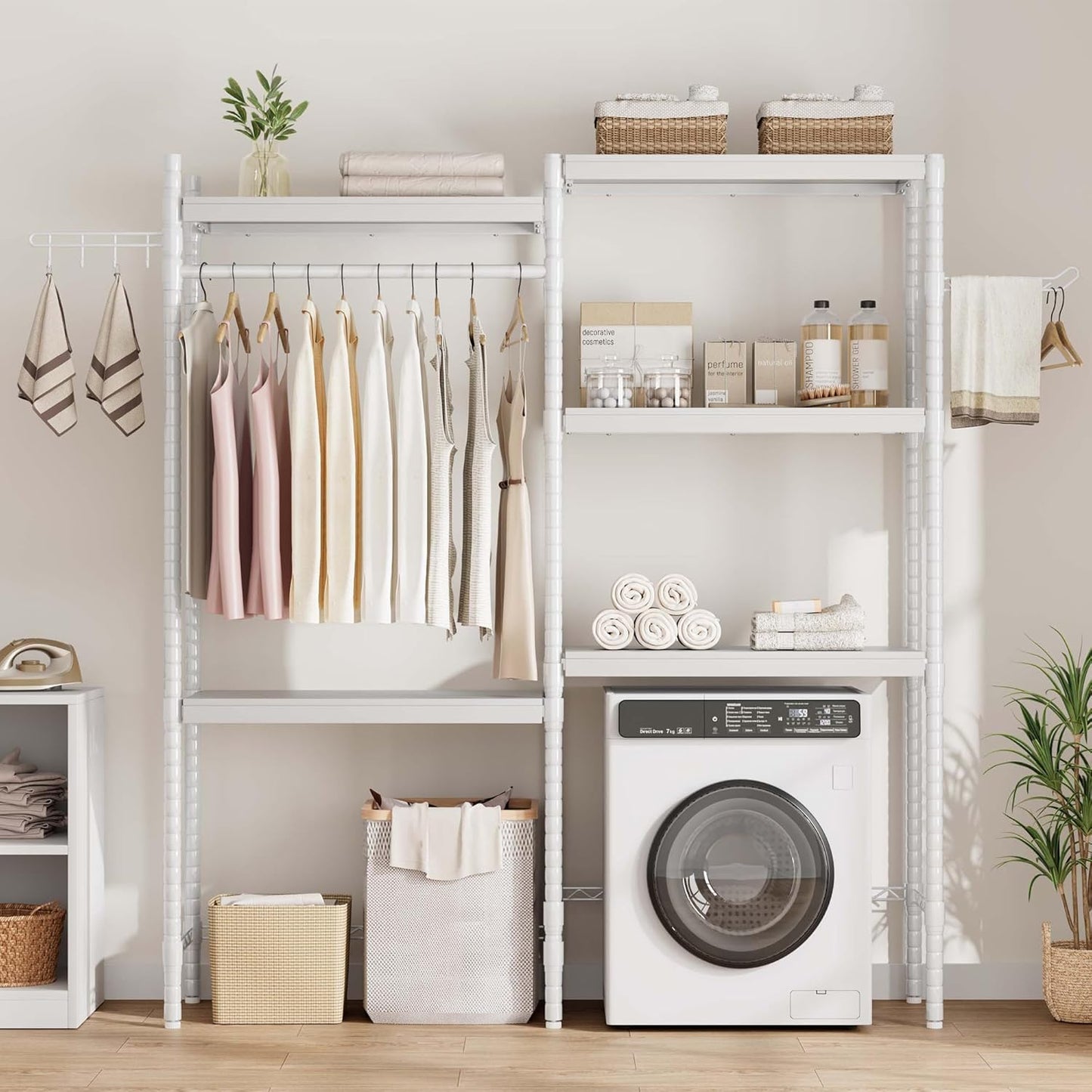 CABIHOME 5-Tier Over-The-Washer Shelf - Adjustable Height Laundry Organizer Space Saver, Double-Layer 100lb Shelves, 2 Hooks for Bathroom/Balcony (White) - NestledHome