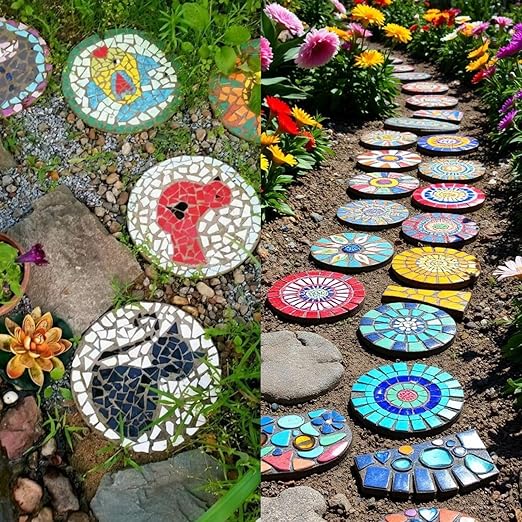 Stepping Stone Kit Includes 3 Size Cement Molds, Mosaic Tiles and Carving Tools, DIY Craft Handmade Stepping Stone Kit for Kids, Family, Garden Outdoor Decor (Mix)