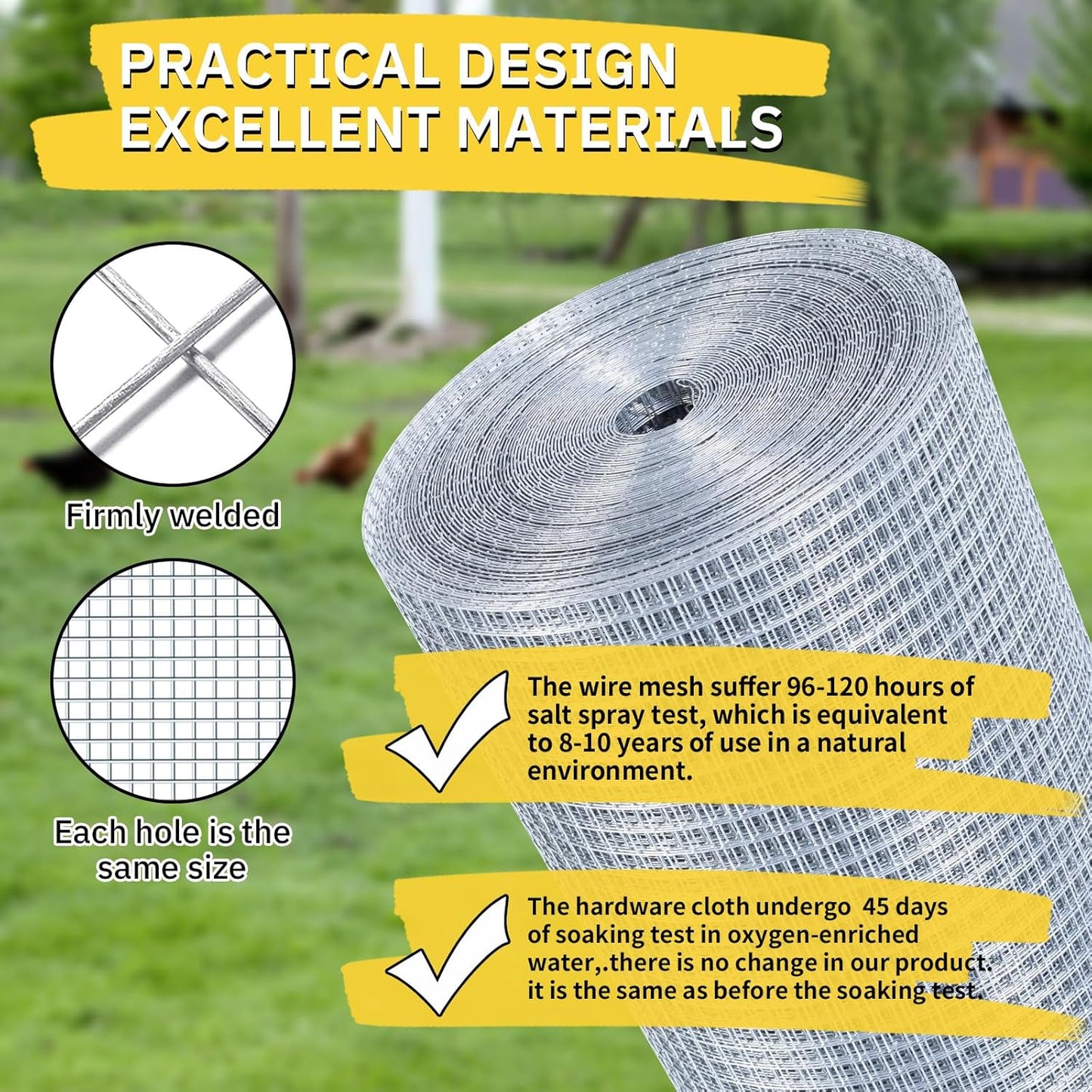 Hardware Cloth,1/4inch 24inx50ft 23 Gauge,Double-Layer Hot-Dip Galvanizing After Welding,Chicken Wire Fence Wire Mesh Fence Poultry Netting Garden Fence Tree Guard Rolls
