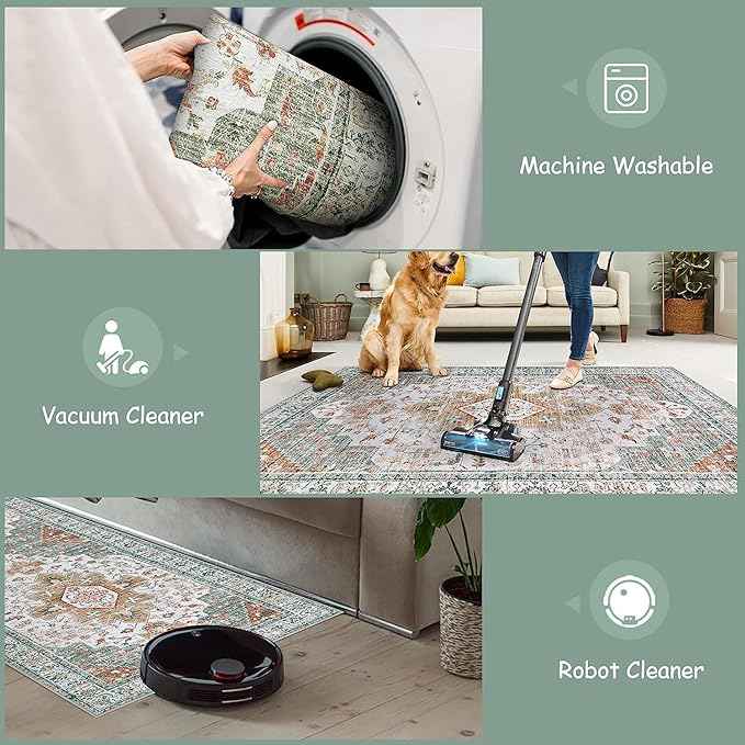 Moynesa Ultra-Thin Washable Area Rug - 4x6 Vintage Living Room Rugs Non-Shed Non Slip, Oriental Low Pile Indoor Accent Floor Carpet for Bathroom Bedroom Laundry Mudroom Entrance, Beige/Gold