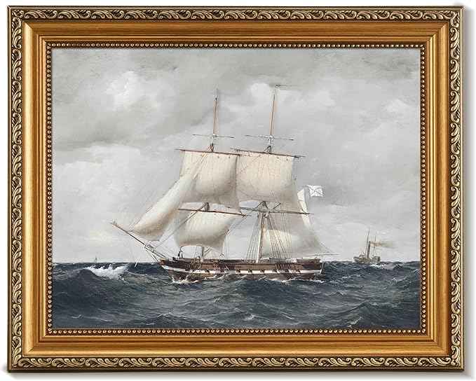 uniro Vintage Gold Framed Wall Art for Home Decor, Farmhouse Wall Decor Seascape Canvas Artwork, Antique Sailing Ship Wall Art Picture, Rustic Vintage Sailboat Art Prints Aesthetic Picture for Bedroom, Living Room, Desktop Decor- 11x14Inch