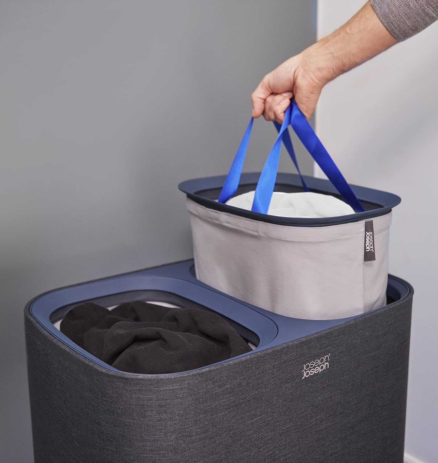 Joseph Joseph Tota 90 liter/23.8 gallon Laundry Hamper Separation Basket with lid, 2 Removable Washing Bags with Handles - Black - NestledHome