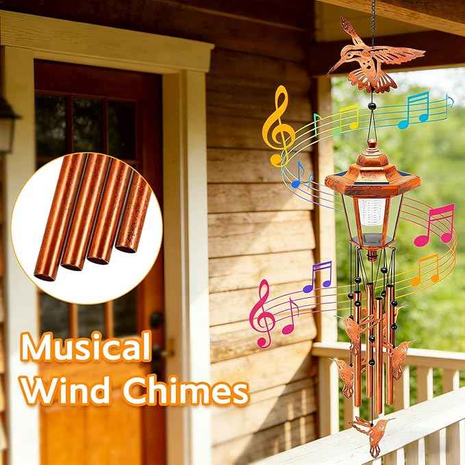 Hummingbird Solar Wind Chimes for Outside, Birthday Gifts for Mom Women Grandma Mother's Day Memorial, 34-Inch Windchimes with Wind Spinner, Outdoor Hanging Solar Lights Waterproof Yard Garden Decor