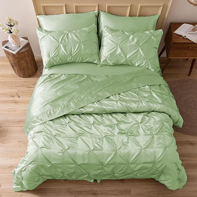 MR&HM Satin Comforter King 7 Pieces - Luxurious Pinch Pleat Bedding Set with Comforter, Flat Sheet, Fitted Sheet, Pillowcases & Shams, Super Silky Soft Bed Set for All Season (King, Light Sage)