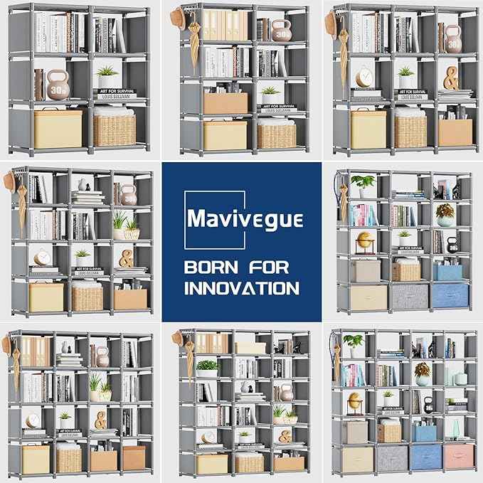 Mavivegue Book Shelf, 12 Cube Storage Organizer, DIY Bookcase, Metal Cube Bookshelf, Cubbies Closet Storage Organizer Shelves for Bedroom,Living Room,Home,Office