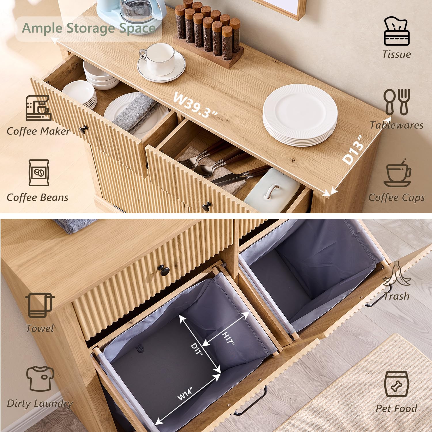 Modern Double Tilt-Out Trash Cabinet, 20 Gallon Fluted Laundry Hamper Cabinet with 2 Drawers, Wooden Hidden Garbage Can Cabinet with Storage Basket for Kitchen & Living Room, Natural Oak - NestledHome