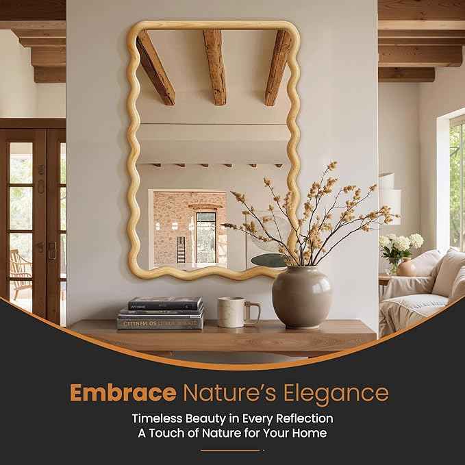 Bathroom Mirror for Wall, 20"x30" Boho Wavy Wood Mirror Large Full Length Decorative Mirror with Tempered Glass, Natural Wooden Frame Vanity Mirror for Bedroom, Living Room, Entryway