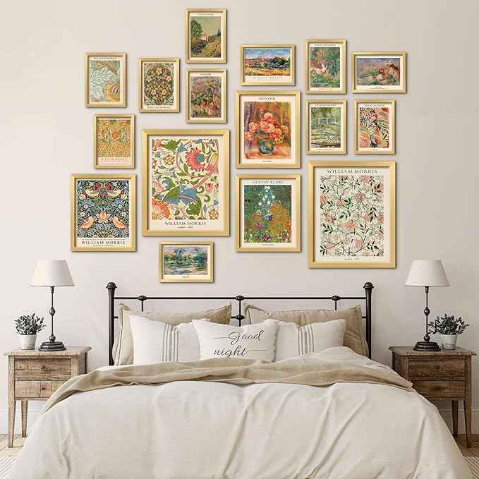 ANERZA 16 PCS Gold Framed Vintage Eclectic Wall Art Decor, William Morris Wall Prints for Bedroom, Gallery Wall Frame Set, Posters for Living Room Aesthetic, Collage Kit, Colorful Dorm Home Artwork