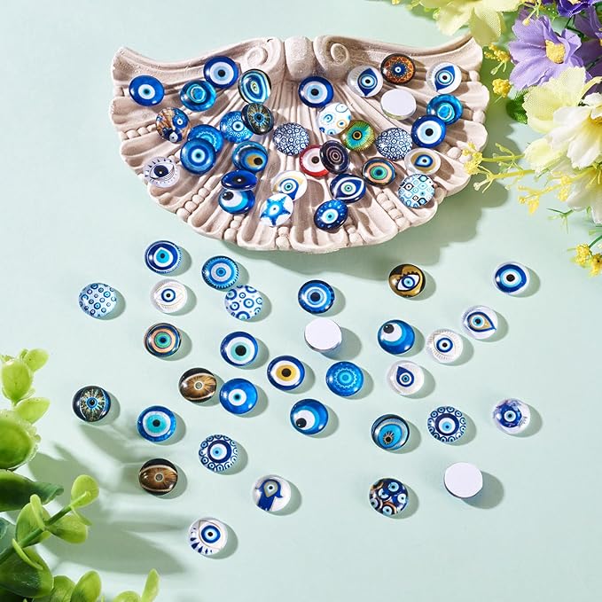 Craftora 100Pcs 12mm Evil Eye Glass Cabochons for Jewelry Making, Mixed Blue Eyes Half Round Cameo Dome Tiles Flatback Dome Cabochons for DIY Bracelets Necklace Scrapbooking DIY Crafts