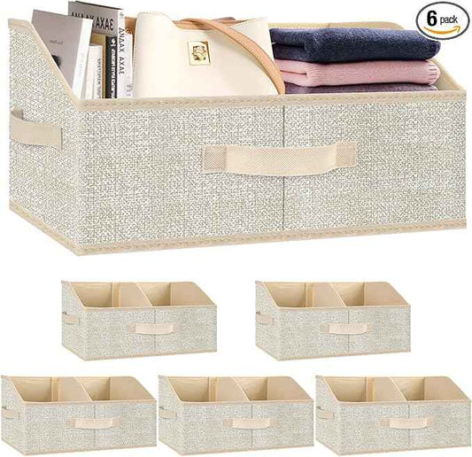 Closet Storage Bins 6 Pack, Large Closet Organizer Baskets with Divider & Handles,Trapezoid Fabric Shelf Organizers, Collapsible Storage Cubes for Clothes, Towels, Toys - Beige
