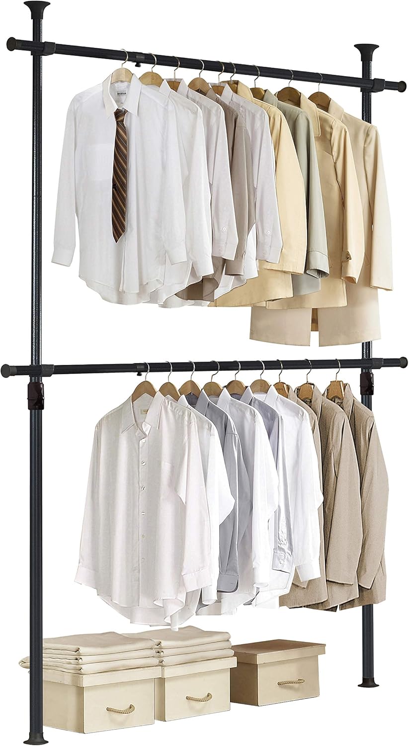PRINCE HANGER Heavy Duty One Touch System Load 352LBS Clothing Racks for Hanging Clothes Metal Wardrobe Closet System Garment Tension Rod Free Standing Black Width Adjustable PHUS-0022 - NestledHome