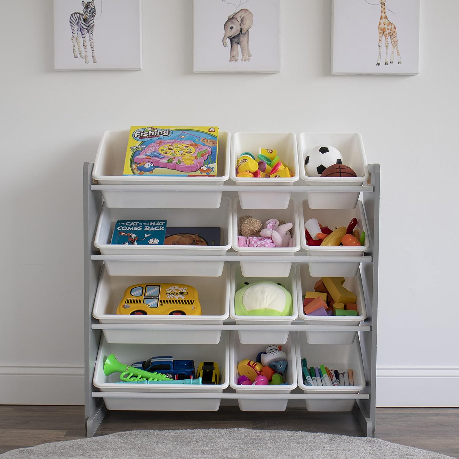 Humble Crew Kids Toy Storage Organizer with 12 Plastic Bins, Grey/White – Removable Bins for Playroom, Bedroom, Toddler Furniture for Boys and Girls Ages - NestledHome