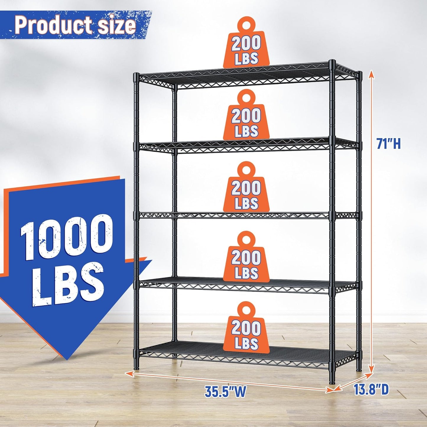 5 Tier Storage Shelves 71"H Wire Shelving Adjustable Metal Shelving,1000LBS Pantry Shelves Sturdy Steel Wire Shelf for Kitchen Commercial Pantry Garage Warehouse ,71"H X35.5"W X13.8"D, Black - NestledHome