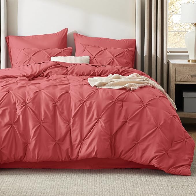 Bedsure Full Comforter Set Coral Red - Bed in a Bag Full Size Bedding Set 7 Pieces, GentleSoft™ Pintuck Bed Set Gift for Family, Pinch Pleat All Season Comforter with Sheets, Pillowcases & Shams