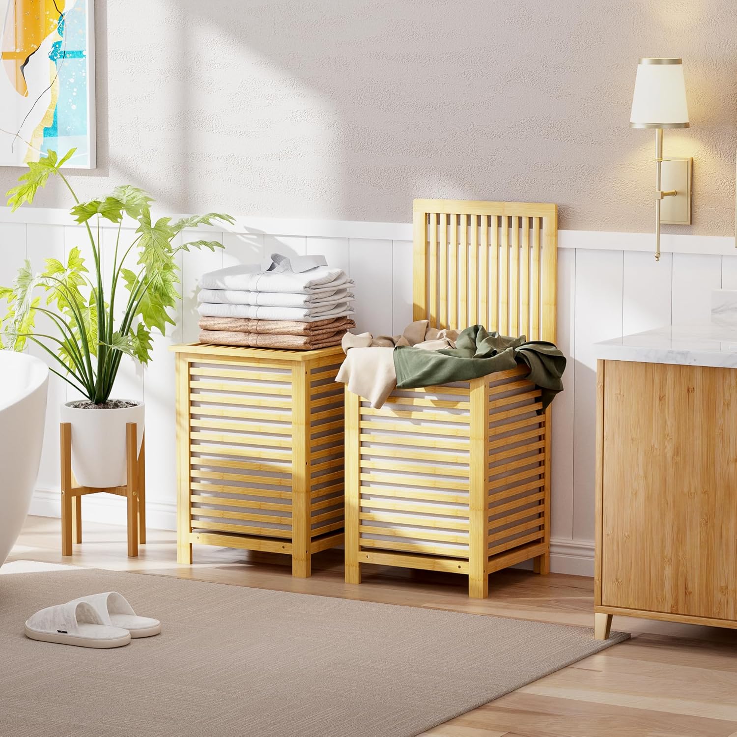 SMIBUY Double Laundry Hamper with Lid, 120L Bamboo Laundry Basket with Removable Liner Bag, 2-Section Clothes Divider Laundry Sorter for Laundry Room, Bathroom, Bedroom (Natural) - NestledHome