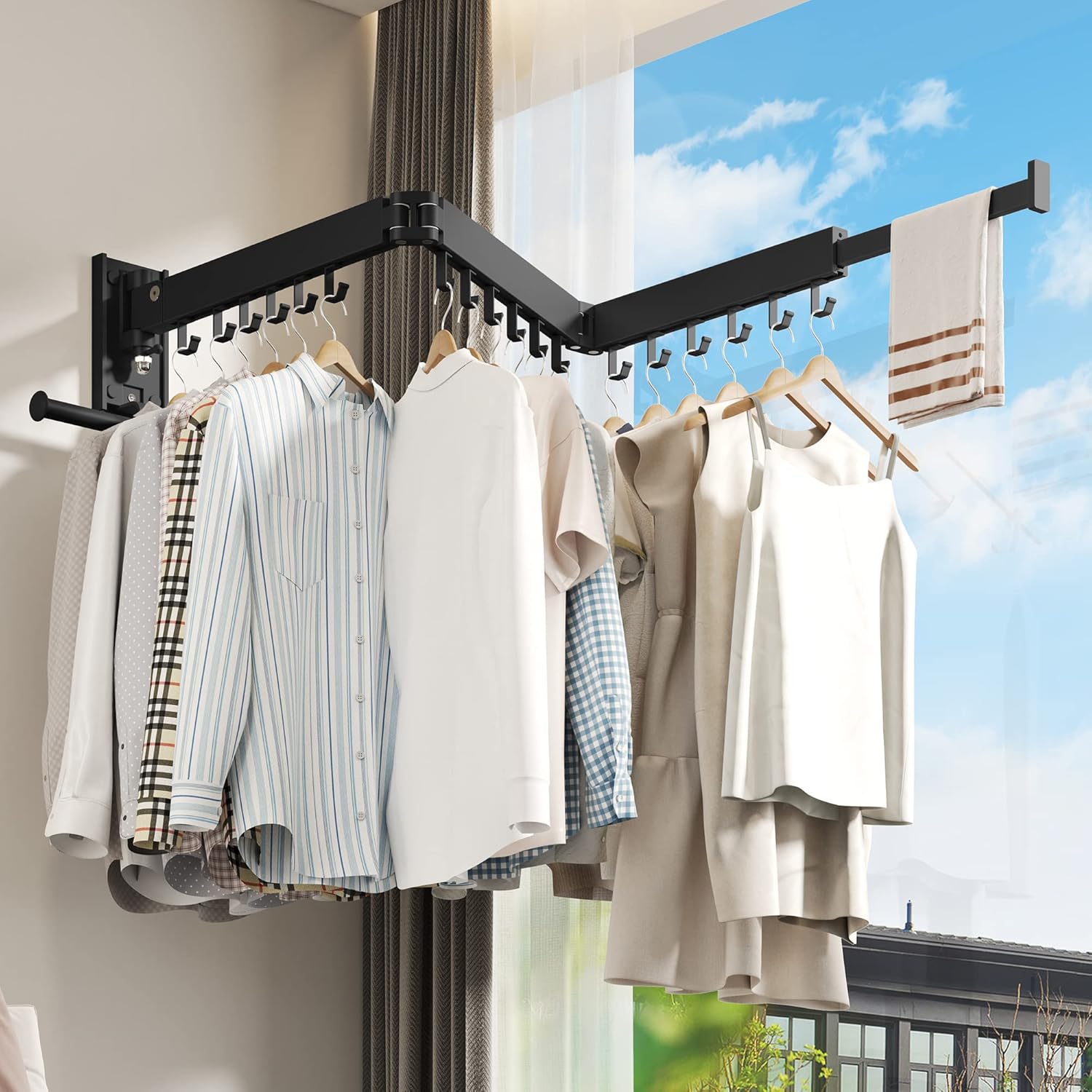 Drying Rack Clothing, Retractable Clothes Drying Rack,Wall Mounted Laundry Rack, Laundry Drying Rack Wall Mount,Collapsible Clothes Rack,can Fold Upward & Left & Right,Black Color - NestledHome