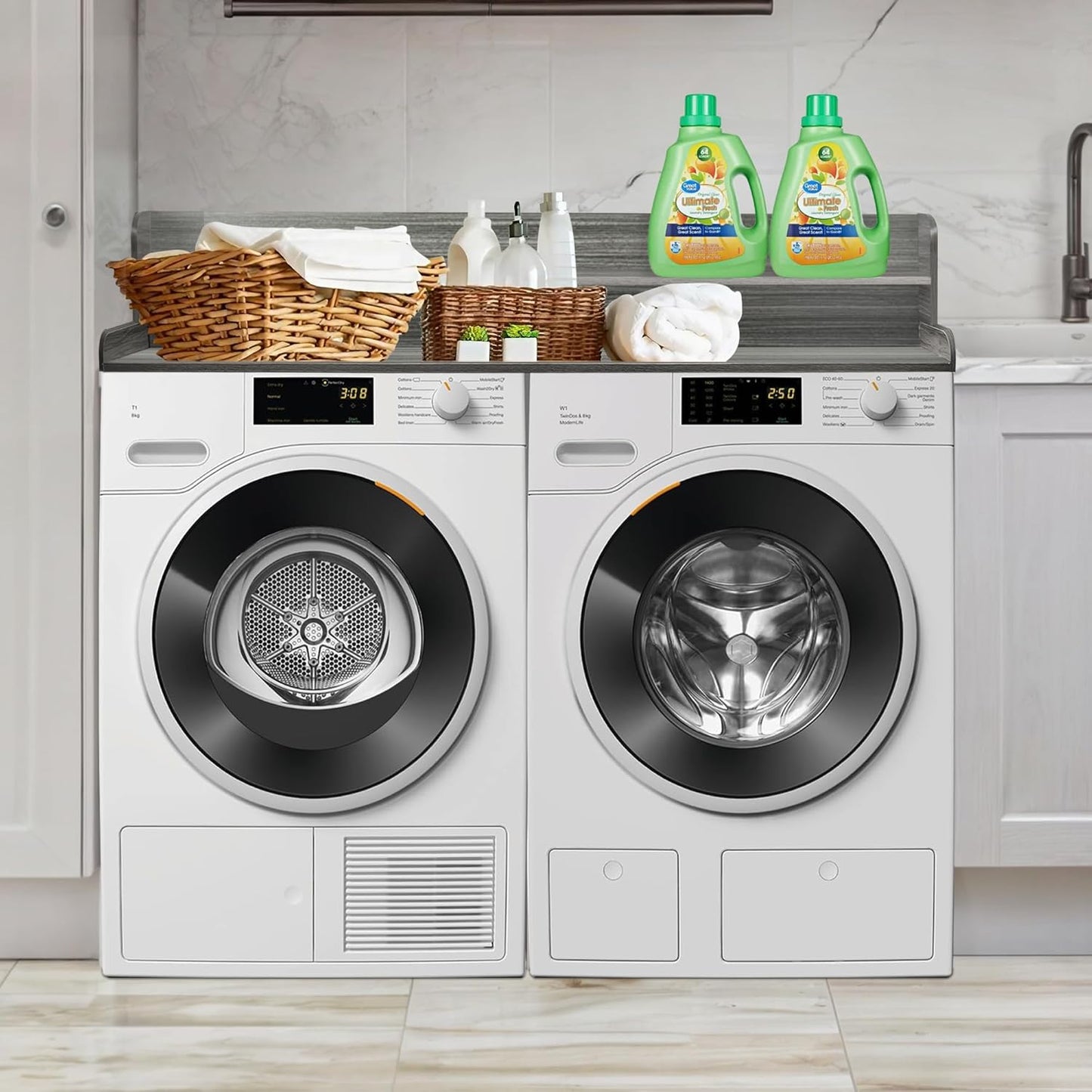 Royxen Laundry Countertop with 2-tier Shelf Universal Fit, Washer and Dryer Countertop with Storage Space, Shelf Height 11.5 Inches, Solid Wood, Eucalyptus - NestledHome
