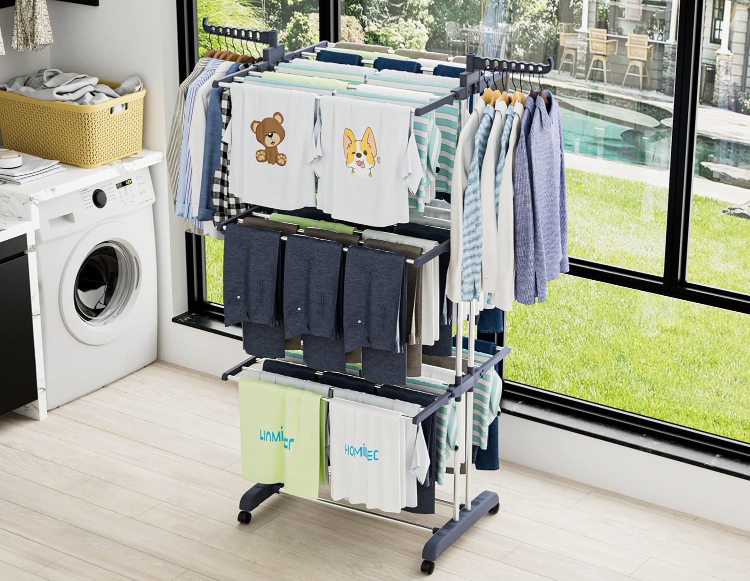HOMIDEC Clothes Drying Rack, Oversized 4-Tier(67.7" High) Foldable Stainless Steel Drying Rack Clothing, Movable Drying Rack with 4 castors, 24 Drying Poles and 14 Hooks for Bed Linen, Clothing, Grey - NestledHome