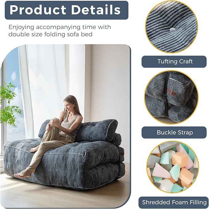 MAXYOYO Folding Sofa Bed, Convertible Sleeper Chair with Pilow Foldable Matress with Back Support, Portable Fold Out Chair Bed Comfy Floor Sofa Lounge for Living Room Bedroom, Dark Grey, Double