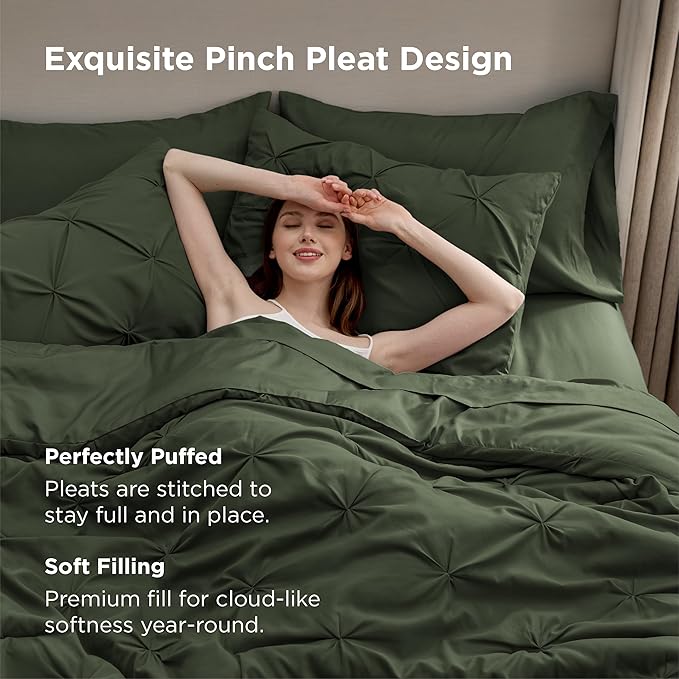 Bedsure Oversized King Comforter Set Olive Green - Bed in a Bag Bedding Set 7 Pieces, GentleSoft™ Pintuck Bed Set Gift for Family, Pinch Pleat Olive Green Comforter with Sheets, Pillowcases & Shams