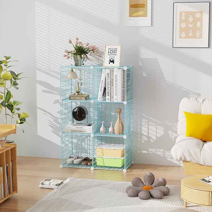 C&AHOME Wire Cube Storage, 6 - Cube Organizer Metal C Grids, Modular Shelves Units, Closet Organizer, Ideal for Home, Office, Living Room, 36.6”L x 12.4”W 36.6”H, Blue UWCS3006B