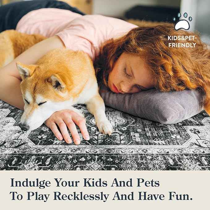 Moynesa Ultra-Thin Washable Area Rugs 8x10 Black and White Rugs for Living Room, Boho Large Rugs for Bedroom Non Slip Lightweight, Vintage Low Pile Carpet for Dining Room Home Office Decor