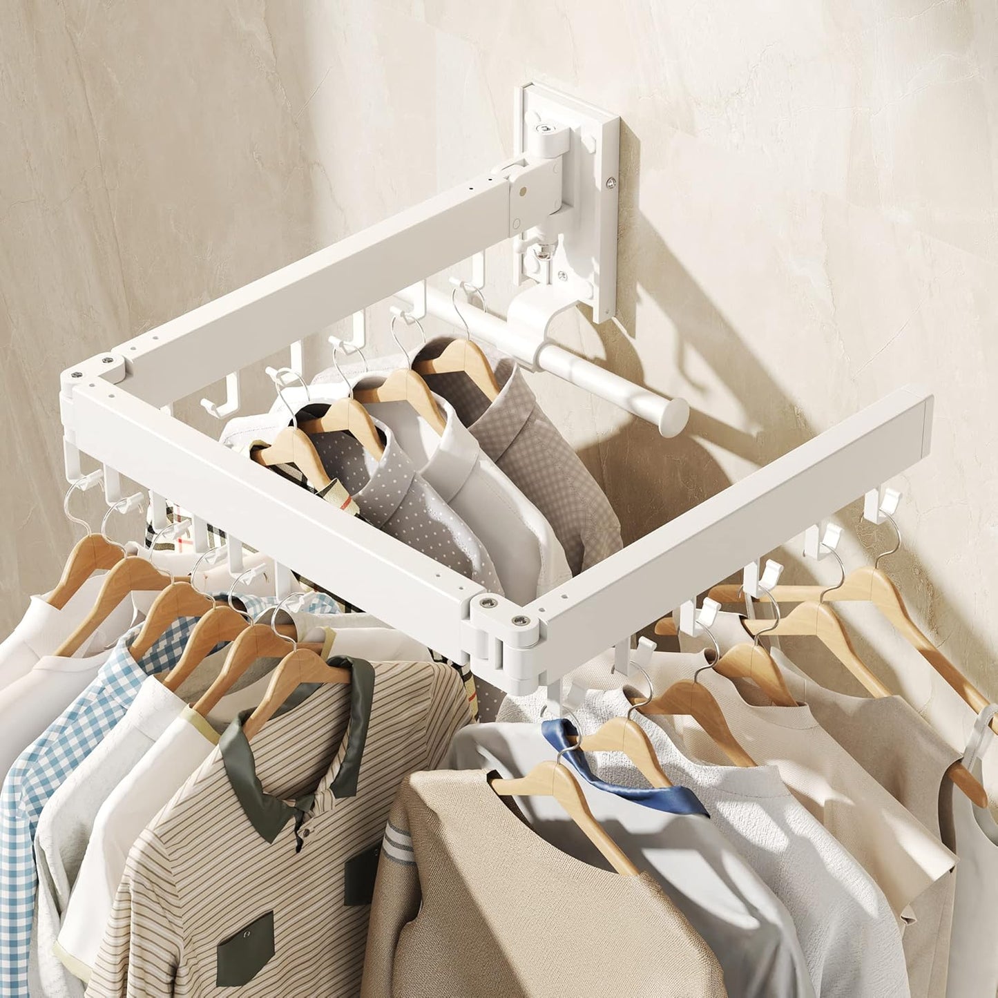 Wall Mounted Clothes Hanger Rack, Clothes Drying Rack,Laundry Drying Rack,Collapsible Clothes Rack Wall Mount, Retractable Drying Rack Clothing,can Fold Upward & Left & Right,White Color - NestledHome