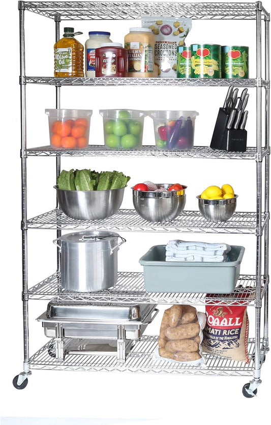 Seville Classics UltraDurable Heavy Duty NSF Solid Steel Wire Rack Storage Unit Wheels, 6-Tier Shelving, 48" W x 18" D - NestledHome