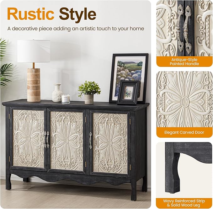 RoyalCraft Farmhouse Sideboard Buffet Cabinet with Storage, 49" Solid Wood Credenza Buffet Table Coffee Bar Wine Bar Storage Cabinet with 3 Doors for Dining Room Living Room Hallway (Provence Black)