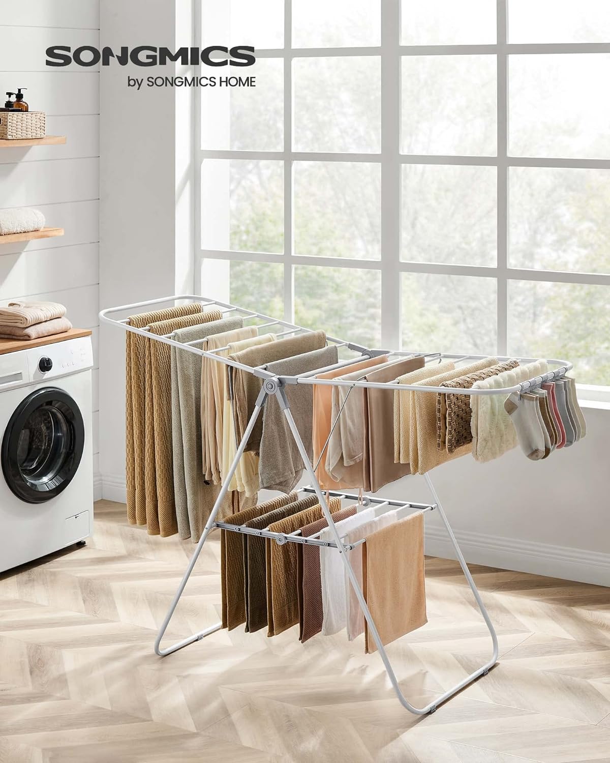 SONGMICS Clothes Drying Rack, with Sock Clips, Metal Laundry Rack, Foldable, Space-Saving, Free-Standing Airer, with 2 Height-Adjustable Gullwings, Indoor Outdoor Use, White and Gray ULLR052W02 - NestledHome