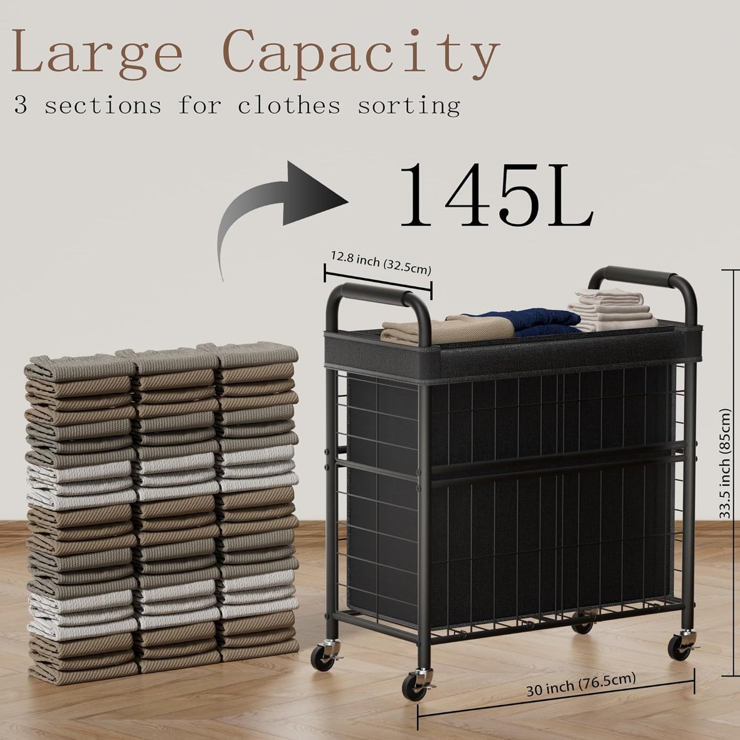 Laundry Hamper 3 Section, 145L Rolling Laundry Sorter Basket with Wheels, 3 Compartment Clothes Organizer Cart, Pull-Out Removable Bags for Laundry Room, Bathroom, Bedroom, Black - NestledHome