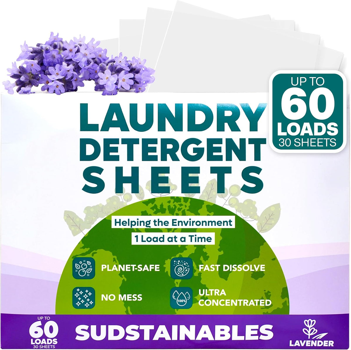 Sudstainables Laundry Detergent Sheets (60 Loads) – Eco-Friendly, Zero Waste, Plastic-Free Laundry Washing Machines Soap Sheets; Dissolvable, Space-Saving Strips for Travel (Lavender) - NestledHome