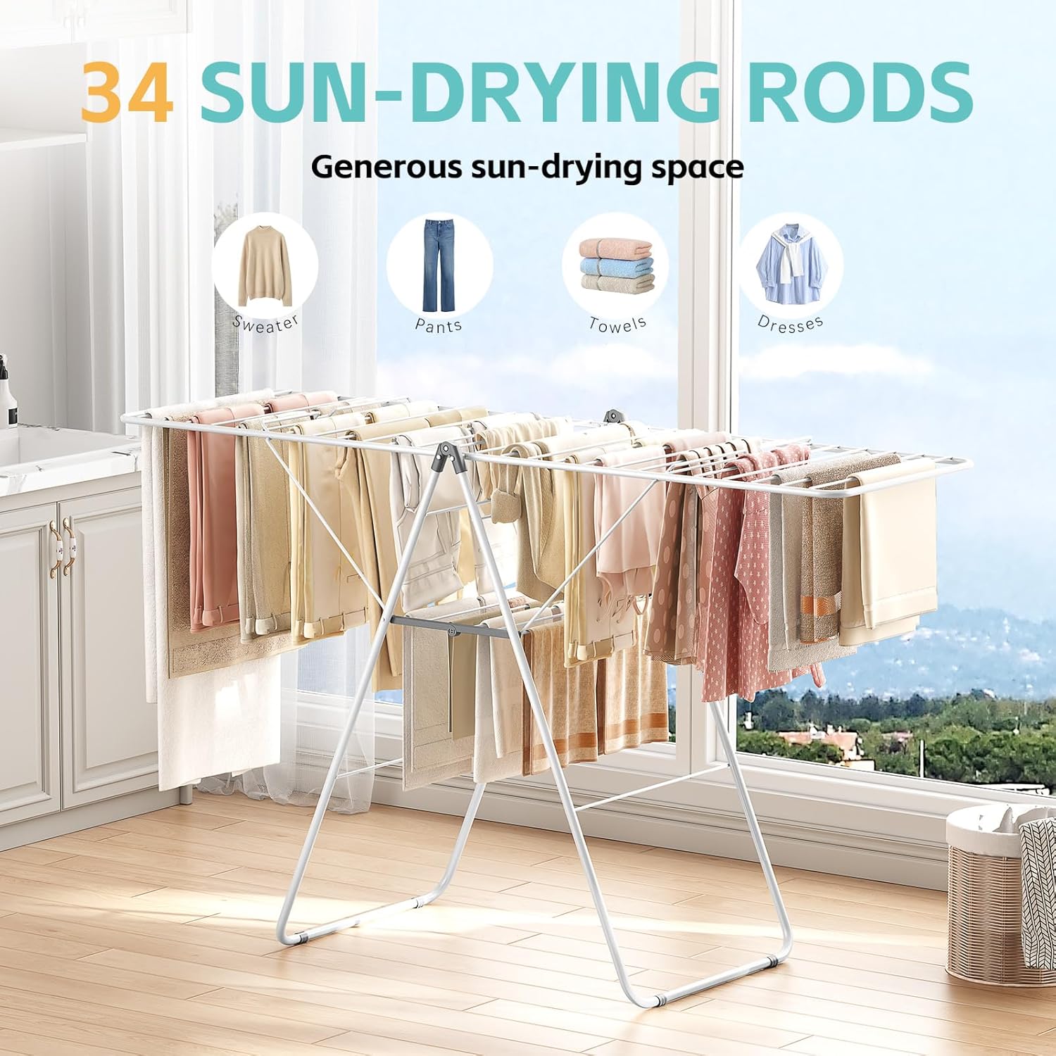 APEXCHASER Clothes Drying Rack, Oversized Drying Rack Clothing with Height-Adjustable, Foldable Gullwings Metal Laundry Rack, Indoor Outdoor Use, No Assembly, White - NestledHome