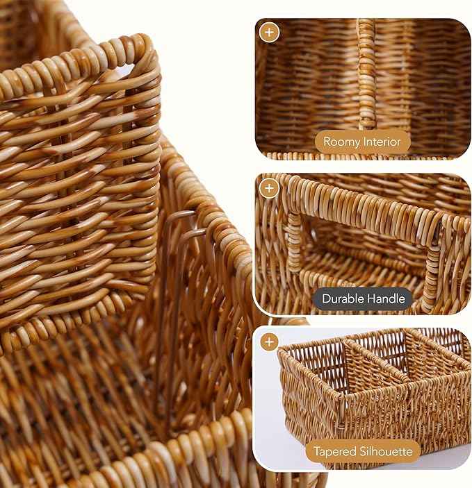 Nature-Inspired Rattan Pantry Organizer Baskets Set of 2 with 3 Removable Dividers – Handwoven Storage Bins for Kitchen or Bathroom Organization, Ideal for Snacks, Coffee & Tea (13” x 7.3” x 3.7”)