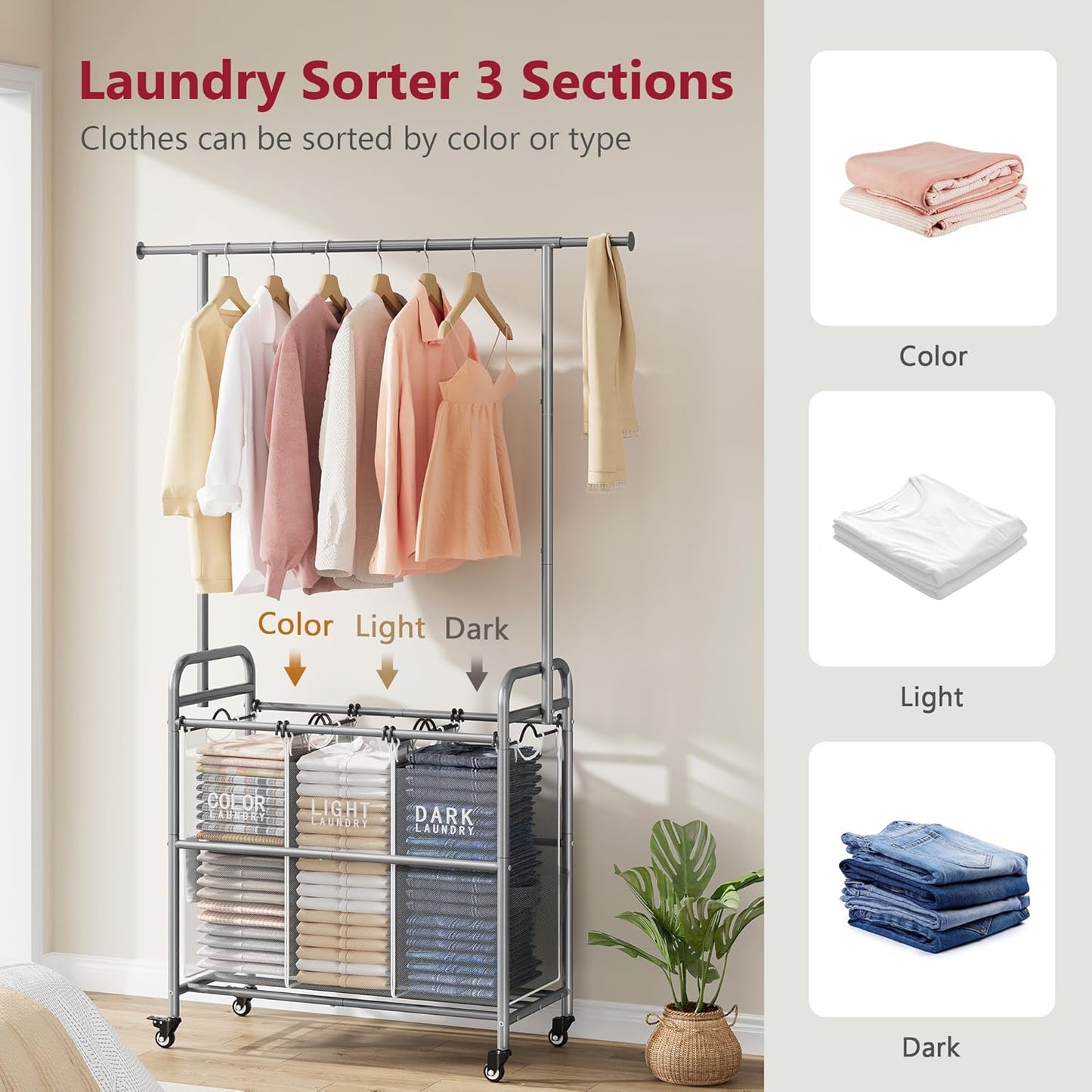 Tajsoon Laundry Sorter with Hanging Bar, 3 Section Rolling Laundry Hamper with Heavy Duty Lockable Wheels, Laundry Basket with Hanging Rack for Bedroom, 3 Gray - NestledHome